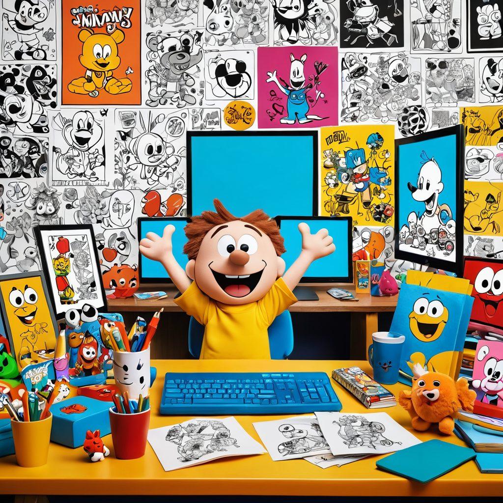 A vibrant, colorful scene depicting a lively cartoon character sitting at a desk surrounded by iconic kid-friendly show memorabilia, like plush toys and posters. The character is animatedly gesturing towards a large screen displaying a humorous critique segment. In the background, whimsical doodles of popular cartoon elements add a playful touch. The overall vibe is fun and engaging, appealing to both kids and parents. cartoon style. bright colors. dynamic composition.
