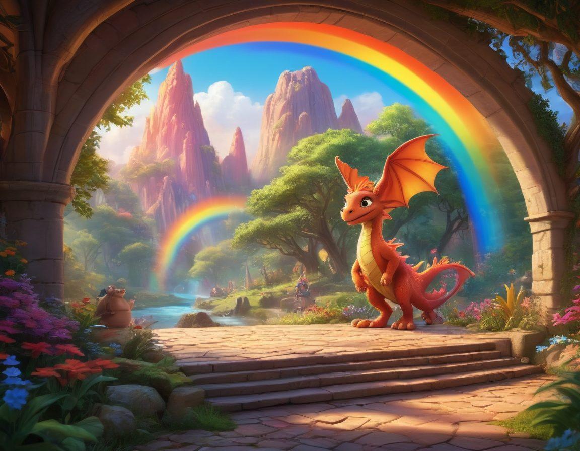 A whimsical scene featuring beloved animated characters from various films, such as a friendly dragon, a brave princess, and a mischievous talking animal, gathered in a colorful forest setting. In the background, a vibrant rainbow arches over tall, enchanted trees, while a cozy outdoor movie screen displays scenes from classic animated features. The atmosphere is full of joy and wonder, appealing to viewers of all ages. cartoon style. vibrant colors. cheerful ambiance.