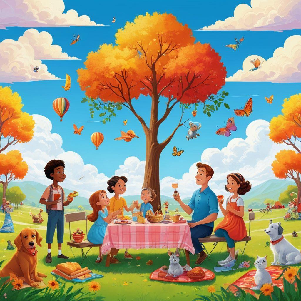 A colorful collage of various family-friendly animated characters, showcasing a diverse group of happy children, animals, and fantastical creatures, all enjoying a picnic under a bright blue sky. Include elements like cartoon trees, vibrant flowers, and playful clouds to enhance the joyful atmosphere. The artwork should exude warmth, fun, and inclusivity. vector art. vibrant colors. white background.